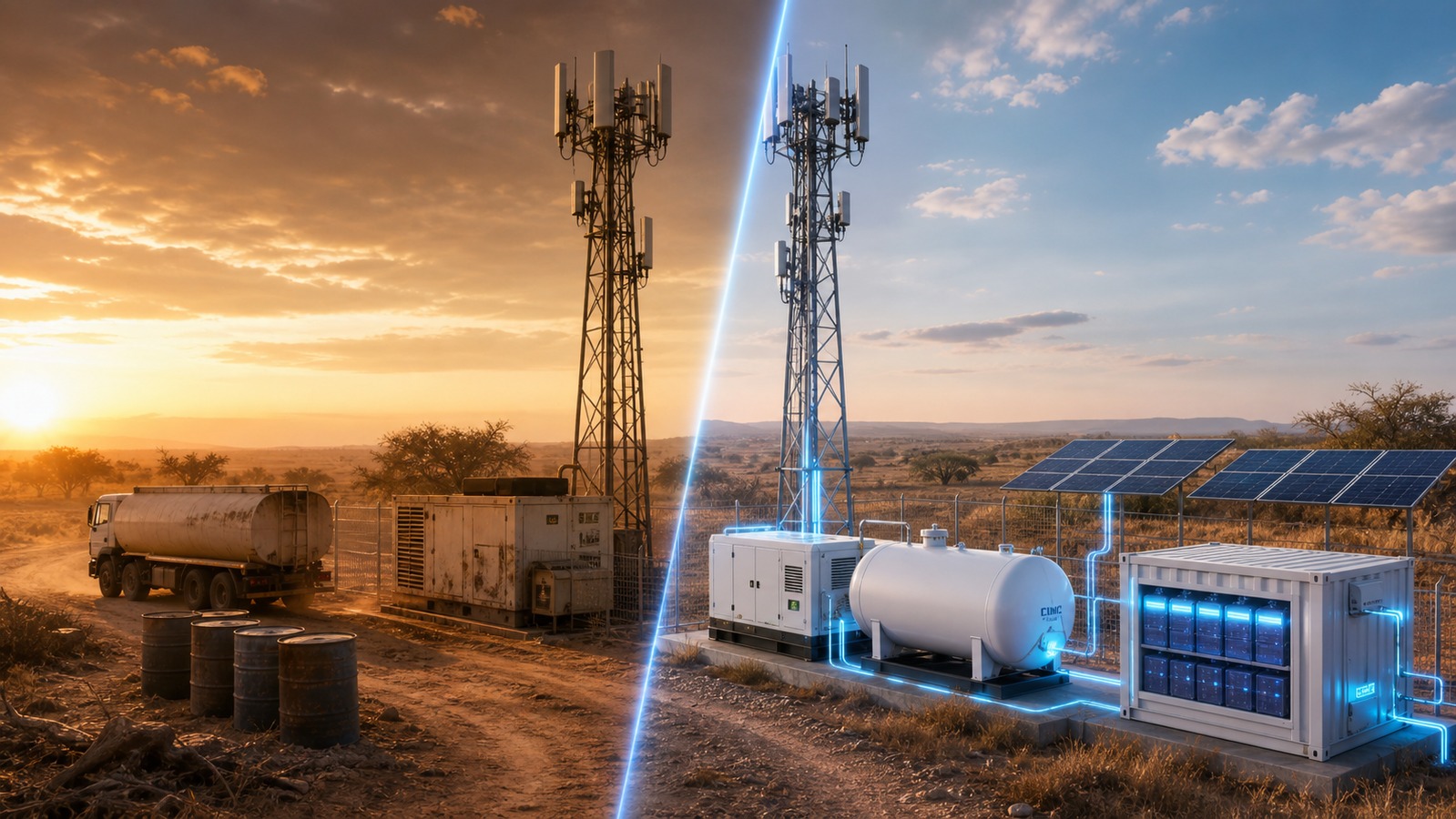 African telecom tower diesel dependency versus LNG LPG BESS PV hybrid power route