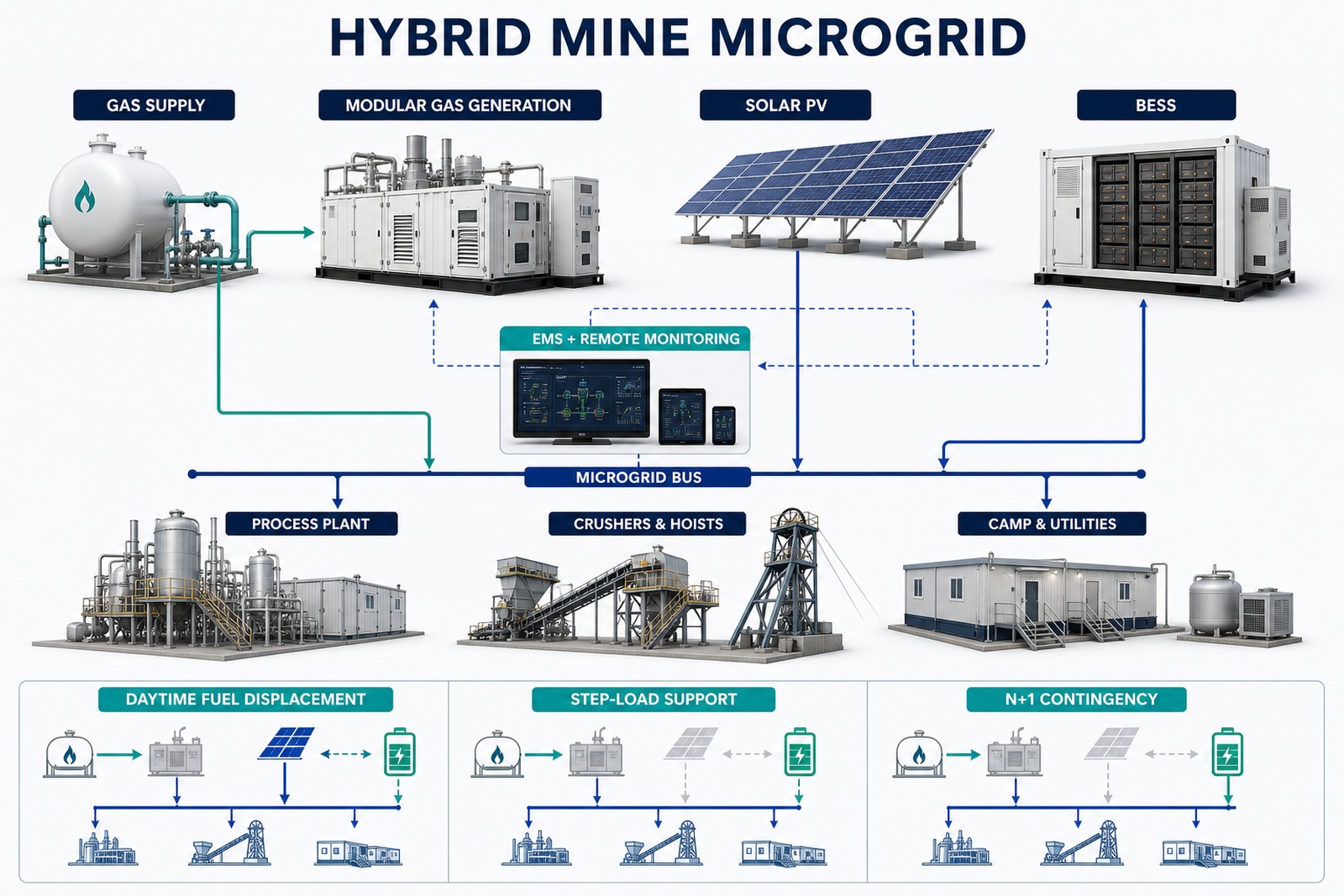 Hybrid mine microgrid infographic showing gas generation solar PV BESS EMS and mine loads