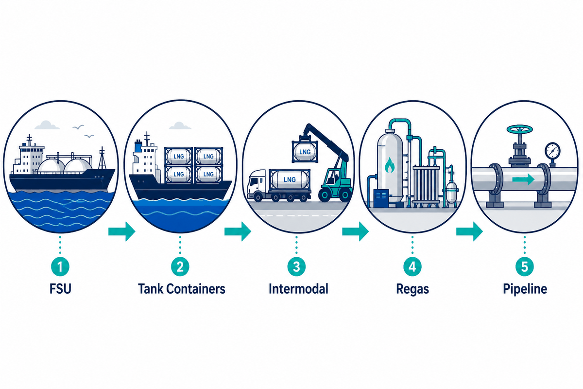 LatAm LNG logistics chain: FSU receiving, tank container transfer, onshore vaporization and pipeline injection