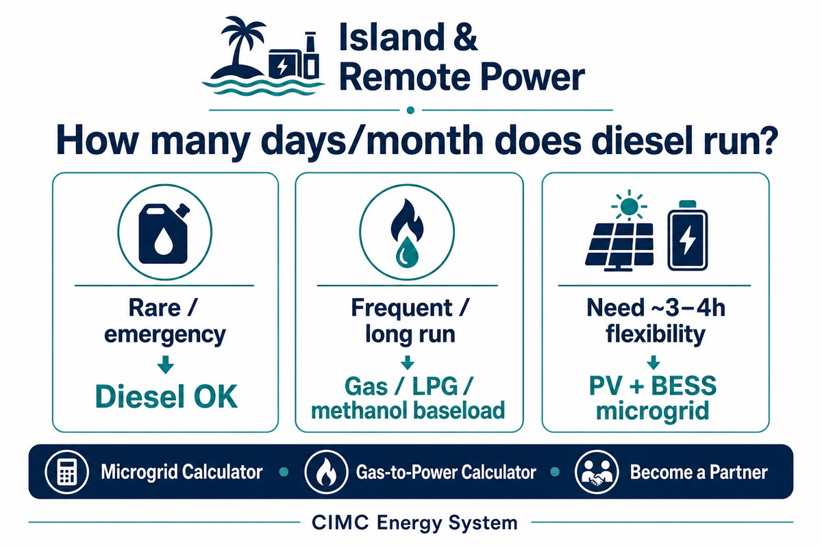 Island and remote power: days/month diesel runtime forks to emergency diesel, gas baseload, or PV+BESS microgrid