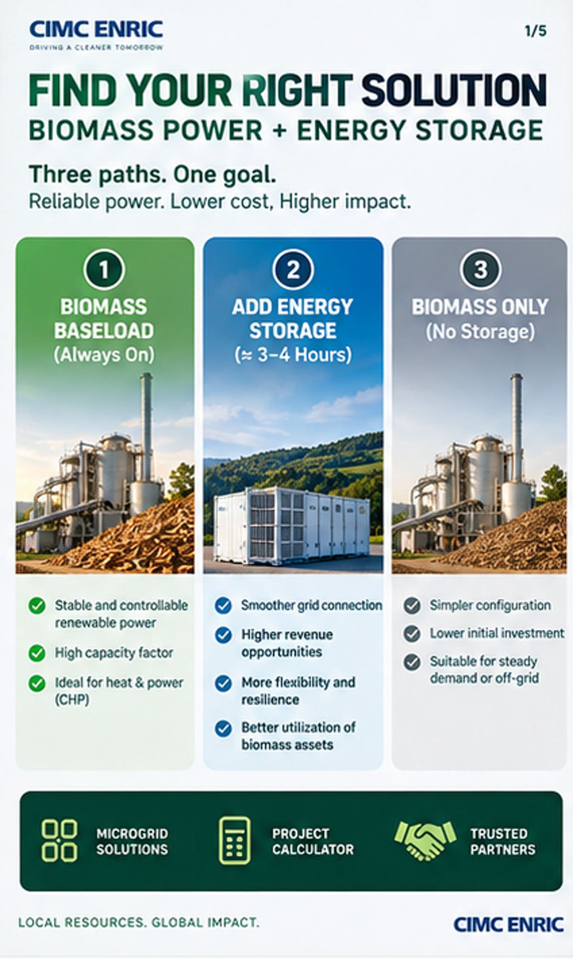 Three paths: biomass baseload, add ESS ~3–4h, or biomass only