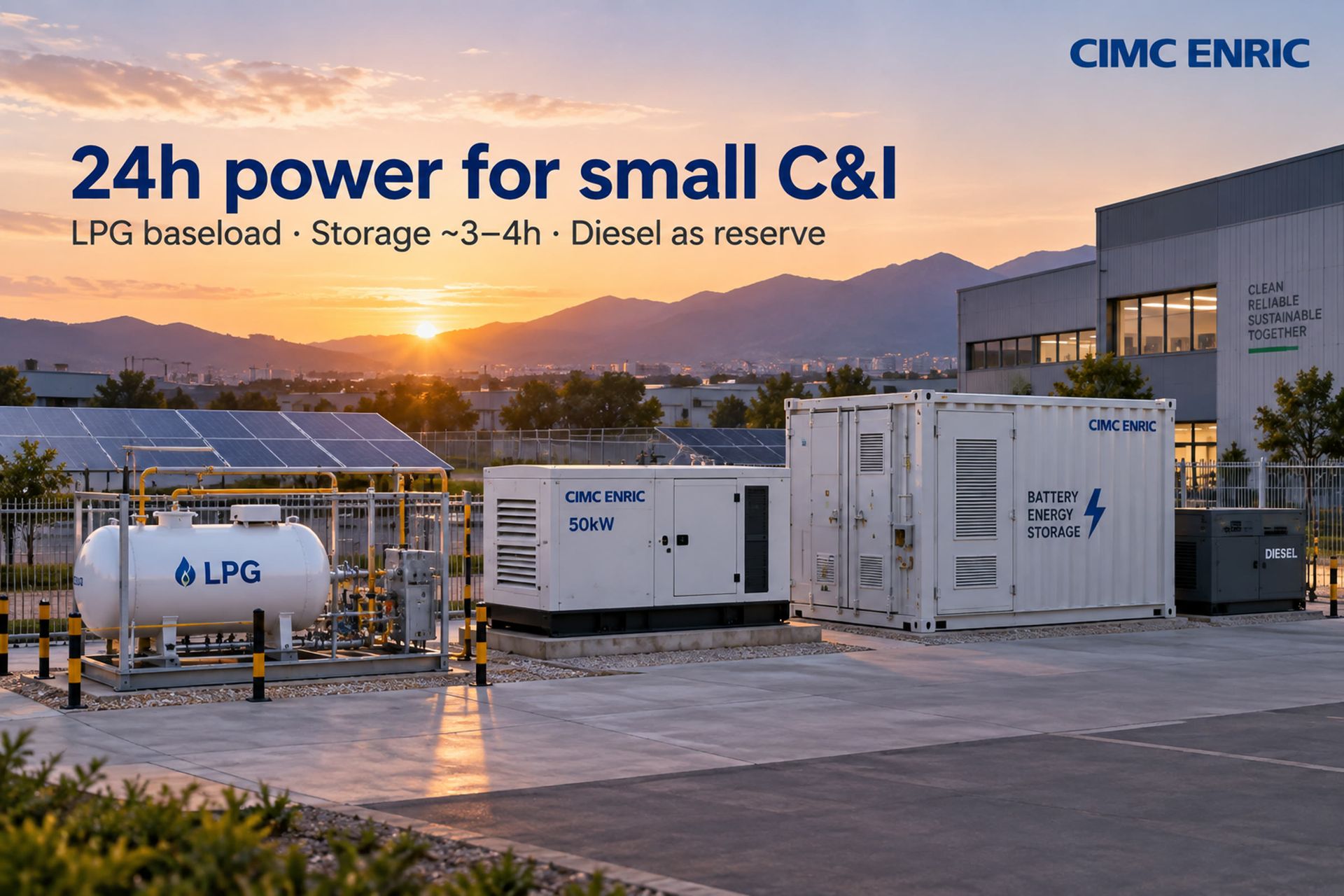 24h power for small C&I: LPG baseload, storage about 3 to 4 hours, diesel as reserve