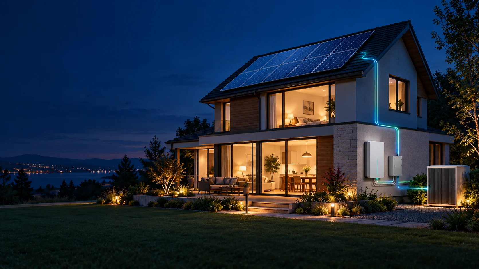 Illustrative home with rooftop solar, exterior battery and generic utility equipment at blue hour; not an installed project photo.