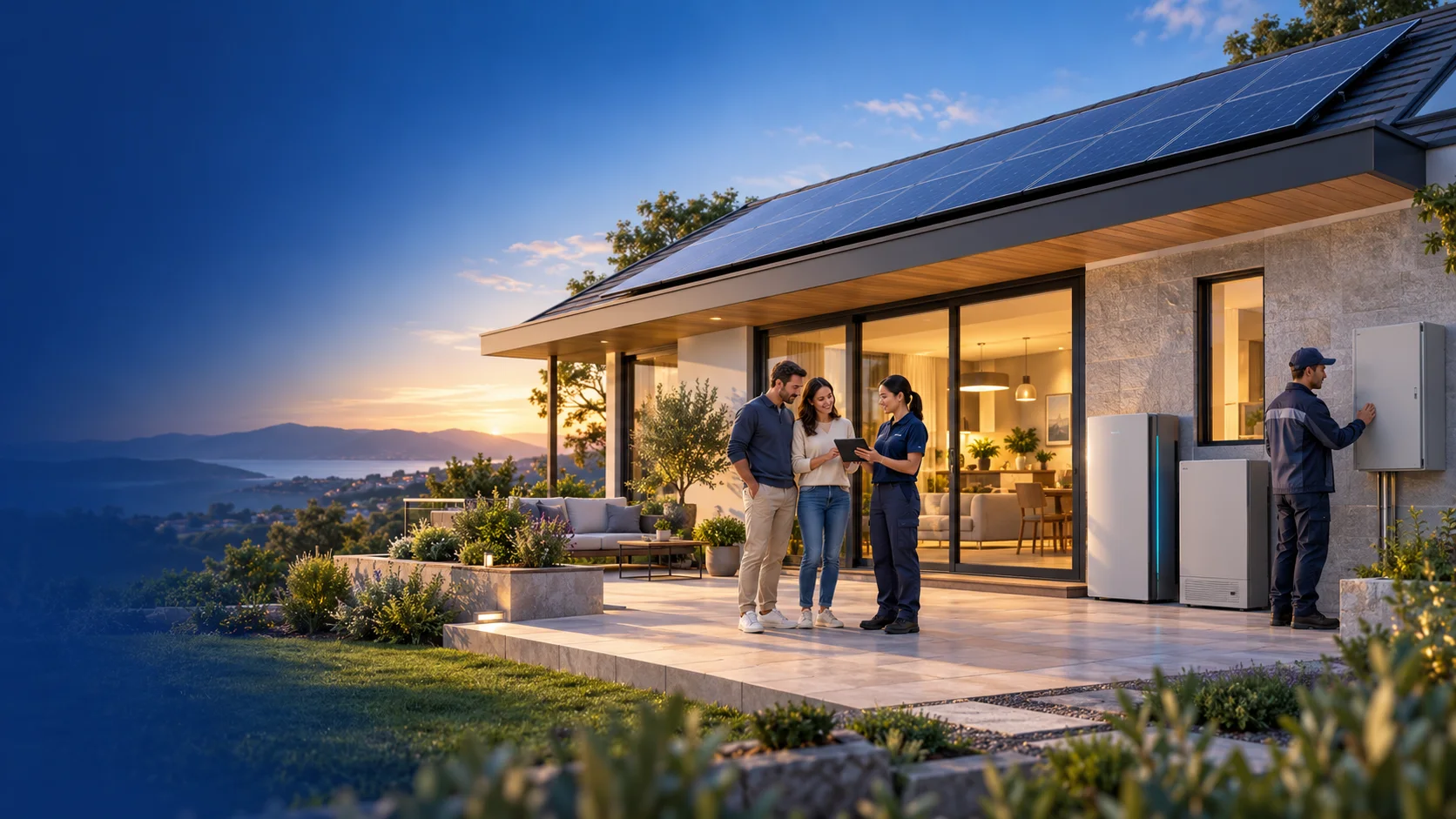 Concept illustration of a homeowner and adviser reviewing household solar and battery equipment while a technician checks a closed exterior cabinet; not an appointed dealer or project photograph.