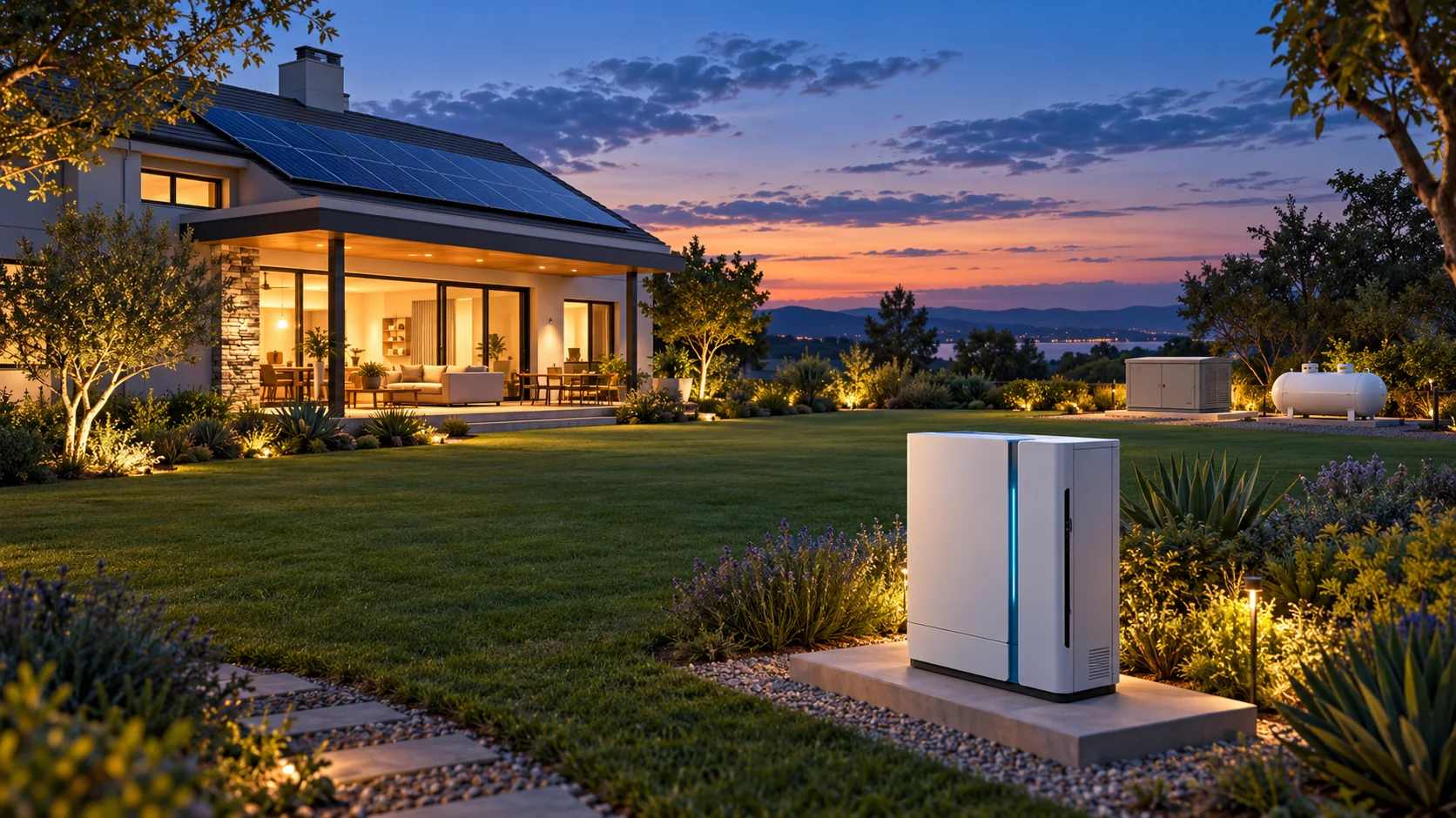 Illustrative home with rooftop solar, battery storage and a separate outdoor gas-backup area; not a real installation or siting specification.
