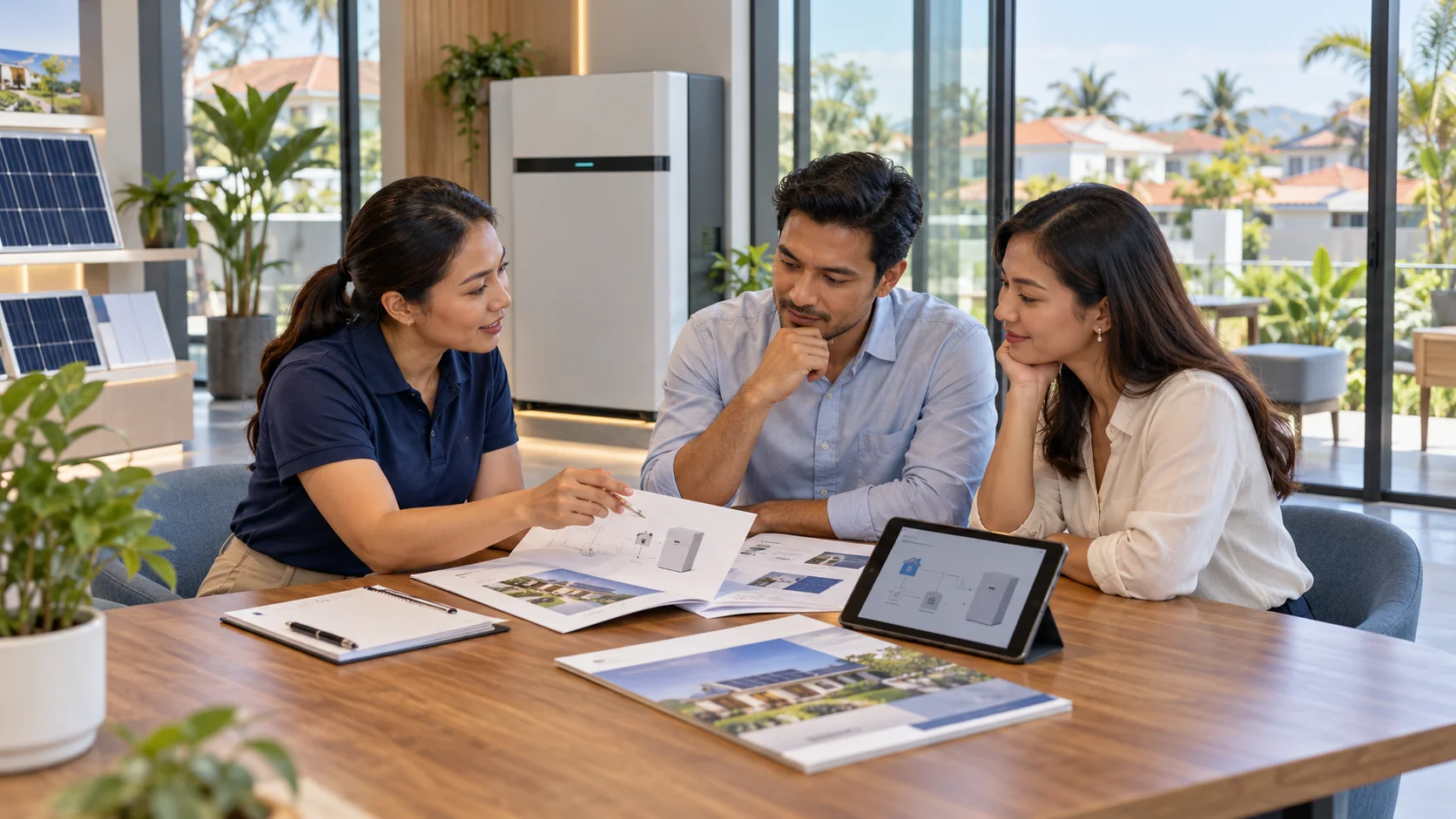 Illustrative local dealer, banking adviser and household customer reviewing equipment information; no actual bank partnership or credit approval implied.