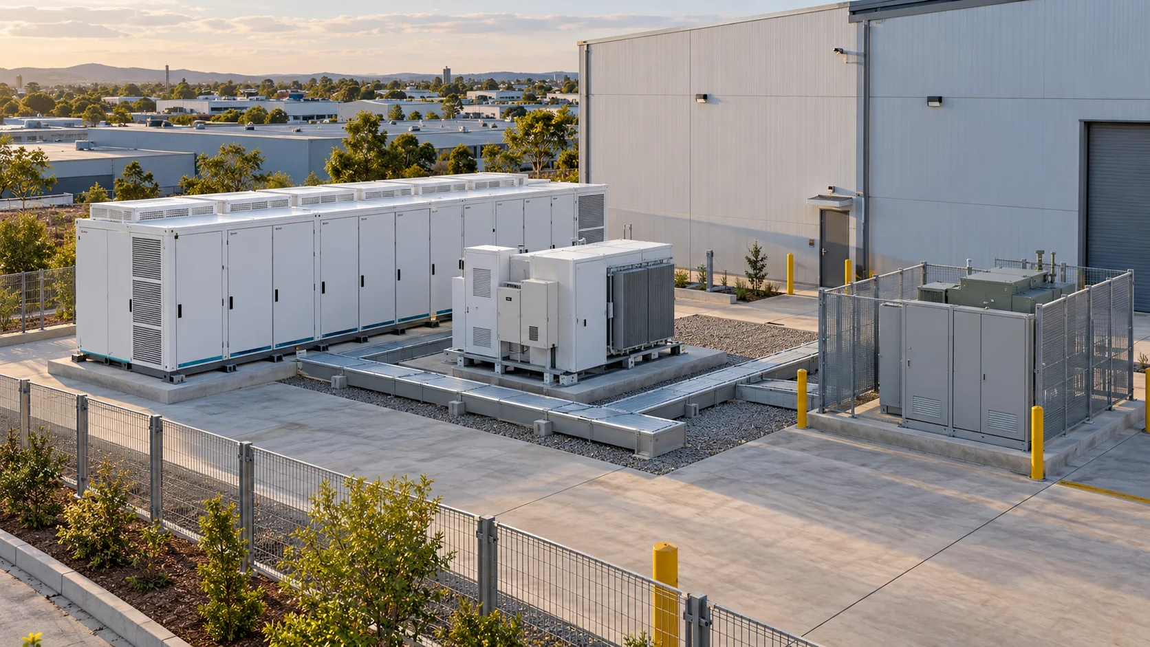Conceptual battery enclosure, power-conversion equipment and electrical connection beside an industrial building; not a specific offered configuration or actual site.