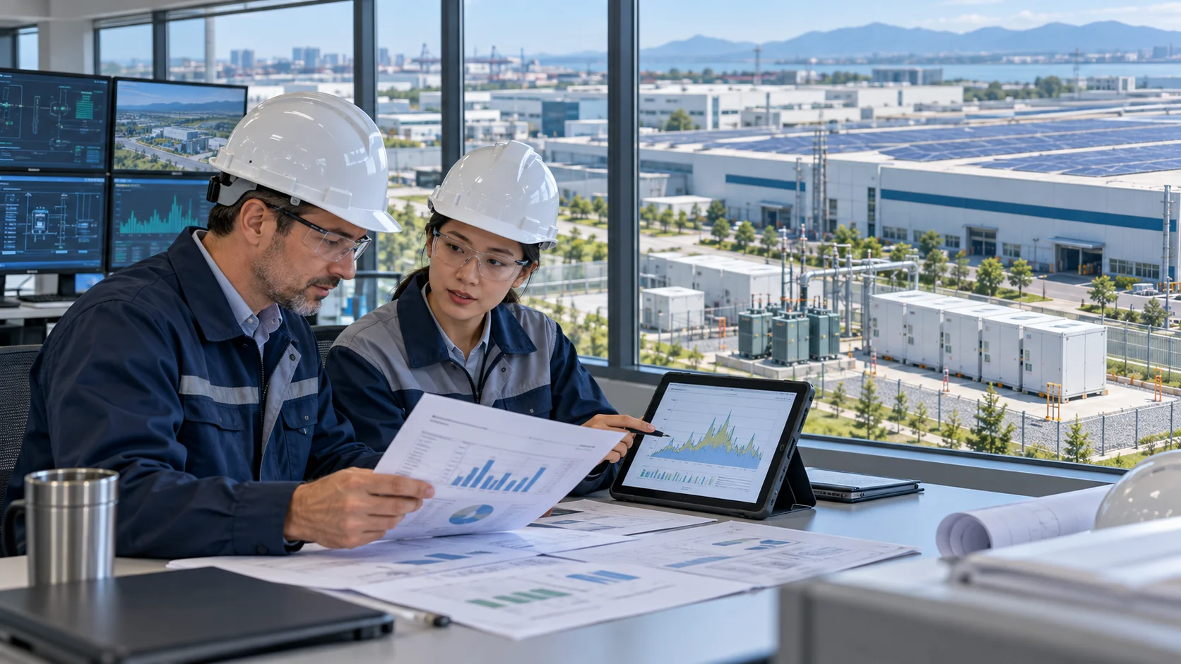 Illustrative engineers reviewing utility bills and load data in a factory control room overlooking solar generation and energy equipment; not an actual customer site.