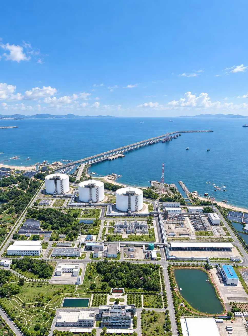 Guangdong East LNG receiving station in China: aerial view of storage tanks, process area and jetty