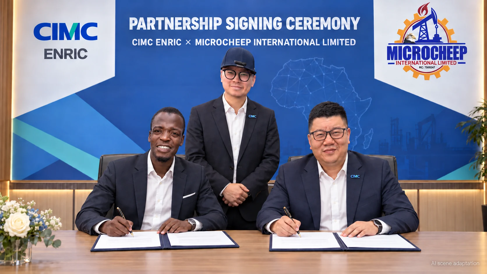AI scene adaptation of CIMC ENRIC and Microcheep partnership signing, based on the supplied group photograph