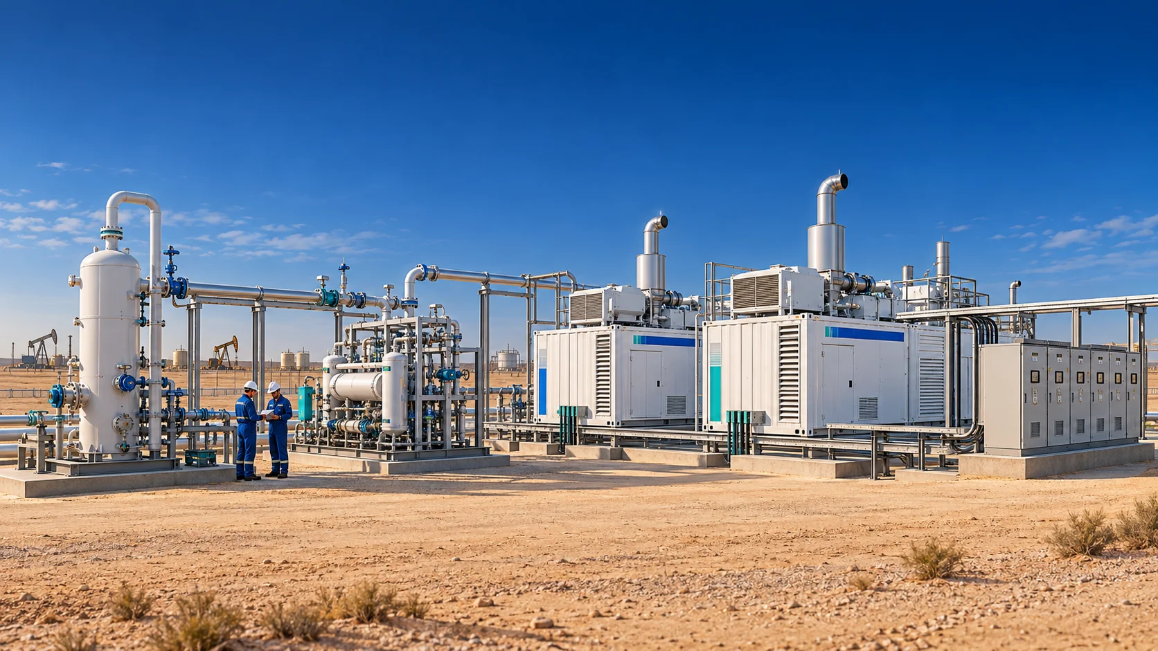 AI-generated conceptual oilfield system with gas conditioning, modular generation and electrical interfaces; not a customer site or AM600 product photograph.