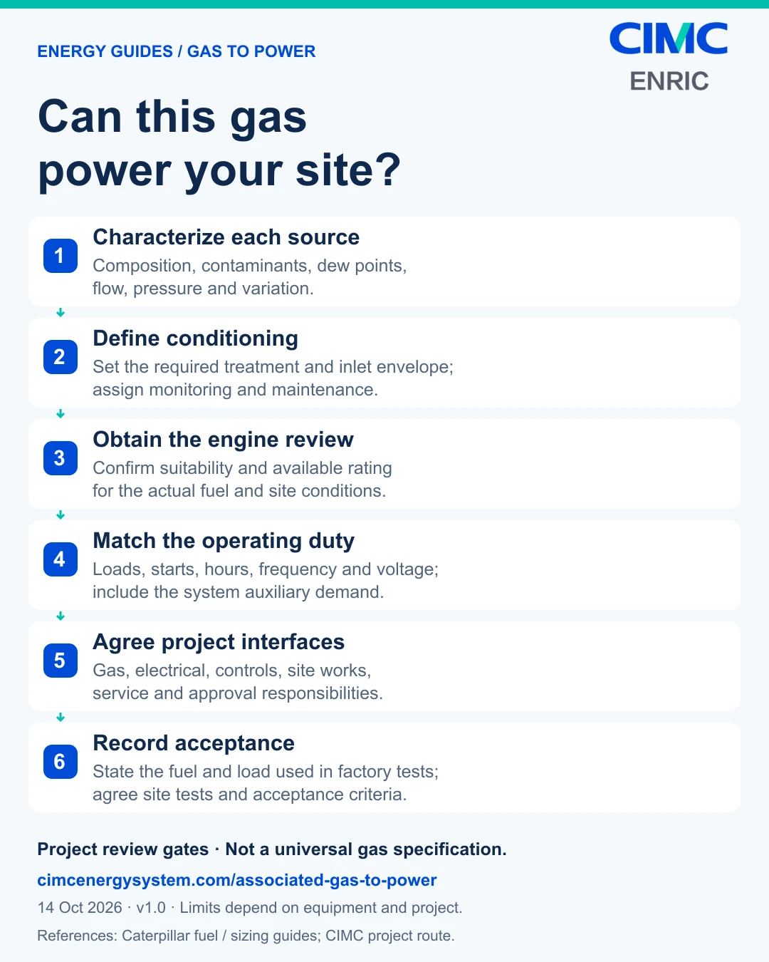 Six project review gates: characterize gas, define conditioning, obtain engine review, match duty, agree interfaces and record acceptance.
